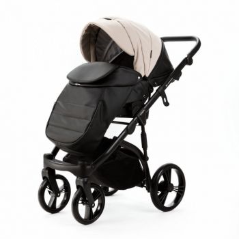 Carucior pentru copii 2 in 1, Adamex Lanti SD110, pliabil, landou cu salteluta, copertina reglabila, roti frontale pivotante 360, cu dubla suspensie si husa de ploaie inclusa, Full EcoLeather, Black Grain