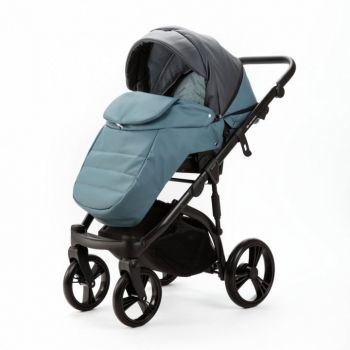 Carucior pentru copii 2 in 1, Adamex Lanti SD42, pliabil, landou cu salteluta, copertina reglabila, roti frontale pivotante 360, cu dubla suspensie si husa de ploaie inclusa, Full EcoLeather, Blue Shadow