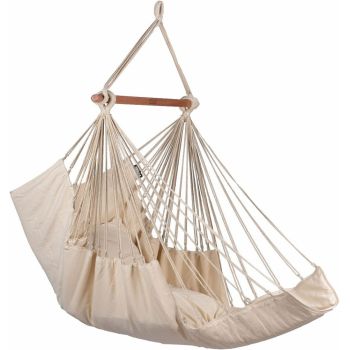 Scaun balansoar tip hamac brazilian, cu suport pentru picioare, dimensiune 130 cm, Bej