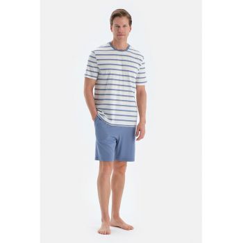 Pijama din bumbac si modal cu maneci scurte si model in dungi