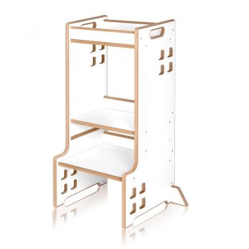 Turn de invatare Montessori Lionelo Cass Alb, functie de raft pentru carti, pana la 30 kg, 1-6 ani, din MDF si furnir, 3 trepte de inaltime