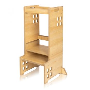 Turn de invatare Montessori Lionelo Cass Natur, functie de raft pentru carti, pana la 30 kg, 1-6 ani, din MDF si furnir, 3 trepte de inaltime