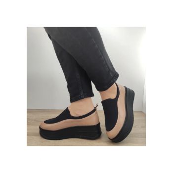 Pantofi Casual Dama  1375-9 Grej Capucino + Stretch Negru - Cappuccino