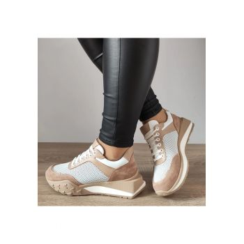 Pantofi Casual Dama  70826 G2077-01157 Albi + Bej Velur - Alb + Bej Velur