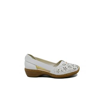 Mocasini dama  din piele naturala albi - cu model floral