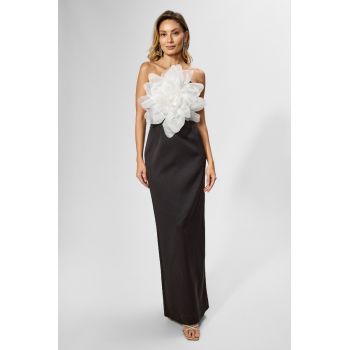 Rochie de ocazie din crepe cu floare 3D Illusion Neagra