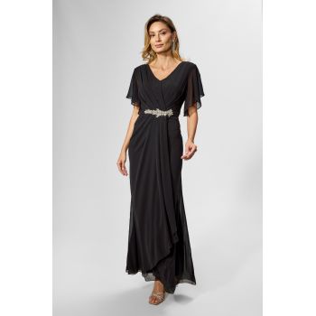 Rochie de ocazie din voal cu strass-uri in talie Marvela Neagra