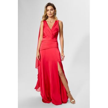 Rochie de ocazie premium din satin cu detaliu din voal tip esarfa Rapsody Rosie
