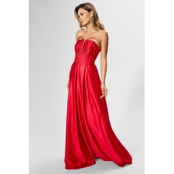 Rochie de ocazie premium din tafta satinata cu detalii 3D Chelsea Rosie