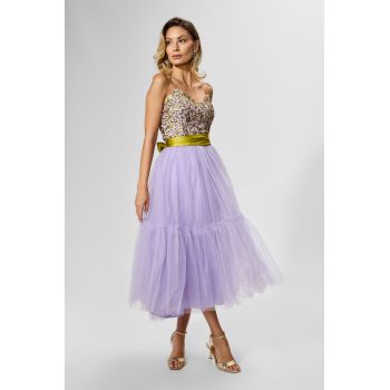 Rochie de ocazie tip baby doll din tull cu paiete Lidiane Lila