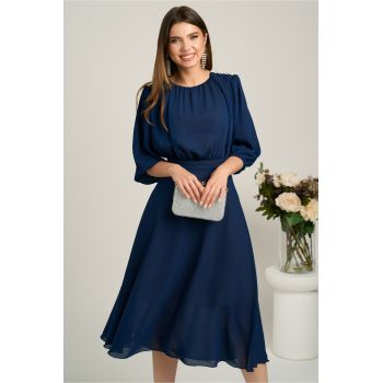 Rochie DY Fashion midi bleumarin in clos din voal cu accesorii pe umeri