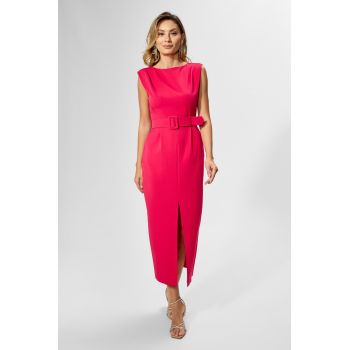 Rochie eleganta cu buzunare si crepeu Elza Ciclam