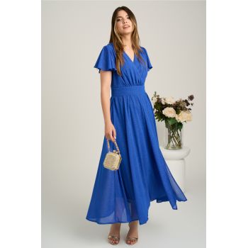 Rochie lunga albastra din voal in clos cu glitter- Moze