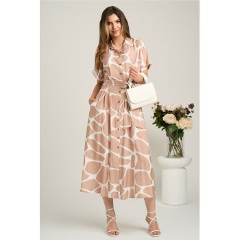 Rochie midi bej cu alb din viscoza in clini cu nasturi si cordon in talie