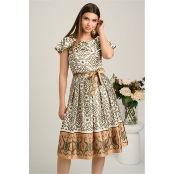 Rochie midi bej din satin in clos cu imprimeuri kaki si cordon in talie