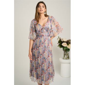 Rochie midi bleu din matase naturala cu imprimeuri florale lila- Viada