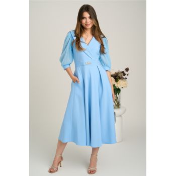Rochie midi bleu din stofa clos cu maneci din voal- LaDonna