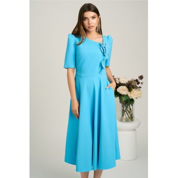 Rochie midi bleu din stofa in clos cu floare si margelute- LaDonna