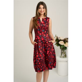 Rochie midi bordo din bumbac in clini cu trandafiri rosii
