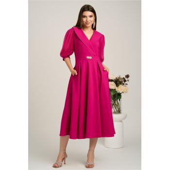 Rochie midi fucsia din stofa clos cu maneci din voal- LaDonna