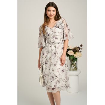 Rochie midi gri din voal cu imprimeuri si floare maxi pe bust- Viada