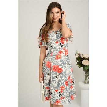 Rochie midi ivory din viscoza in clin cu imprimeu gri-corai si decupaje la decolteu ieftina
