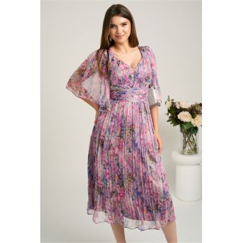 Rochie midi lila din matase naturala cu imprimeuri florale roz- Viada