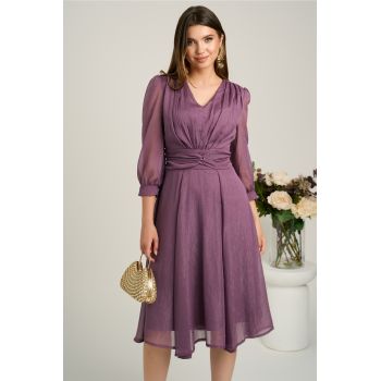 Rochie midi lila in clos din voal cu fir lurex- Ella Collection Gina