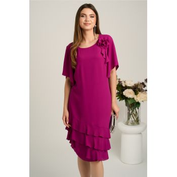 Rochie midi magenta din voal cu croi drept si volane la baza- Viada