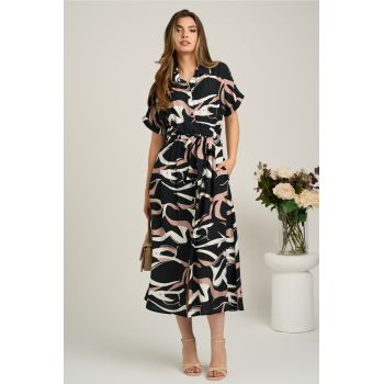 Rochie midi negru cu bej din viscoza in clini cu nasturi si cordon in talie