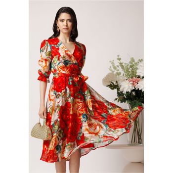 Rochie midi rosie cu trandafiri din voal in clos cu cordon in talie