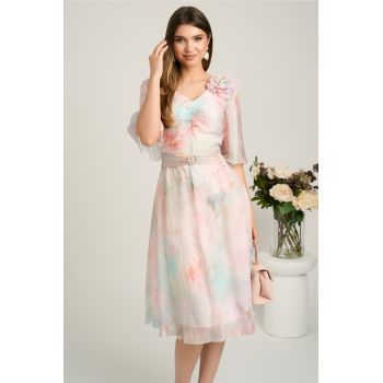 Rochie midi roz din voal cu imprimeuri bleu si floare maxi pe bust- Viada