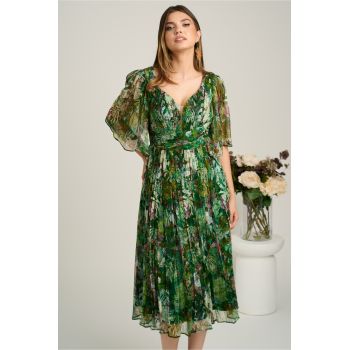 Rochie midi verde din matase naturala cu imprimeuri florale- Viada