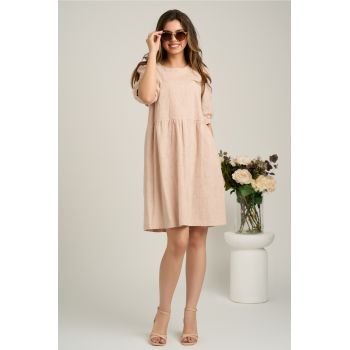 Rochie scurta bej din ghipura in clos cu motive florale ieftina
