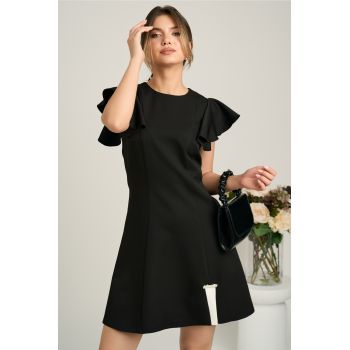 Rochie scurta neagra din stofa in clini cu aplicatie la baza- Moze