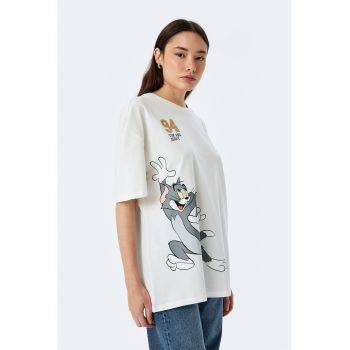 Tricou cu imprimeu cu Tom&Jerry si decolteu la baza gatului