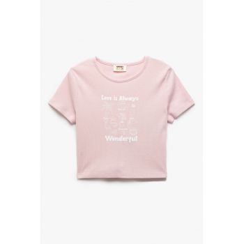 Tricou crop de bumbac cu imprimeu text