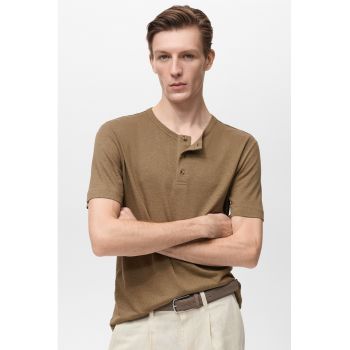 Tricou din amestec de in cu decolteu henley