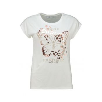 Tricou cu decolteu rotund si detalii cu aspect metalic