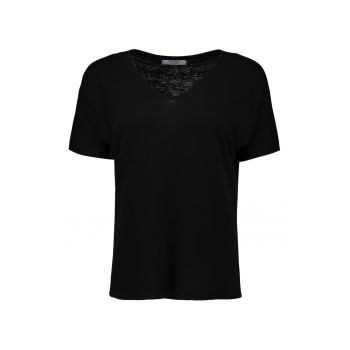 Tricou din amestec de in cu model uni si decolteu in V