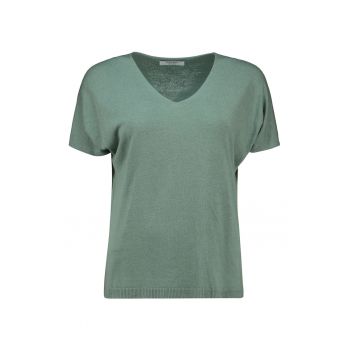 Tricou din amestec de in cu model uni si decolteu in V