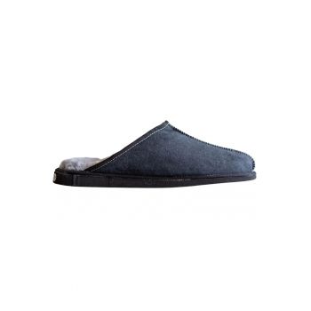 Papuci barbati  lana naturala - piele - albastru - talpa din cauciuc - set de interior-exterior -