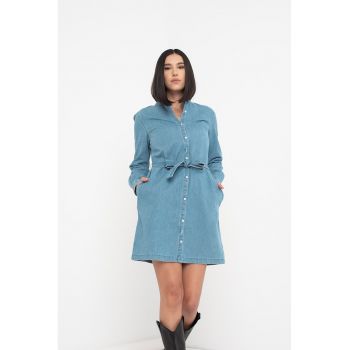 Rochie din material chambray cu cordon in talie