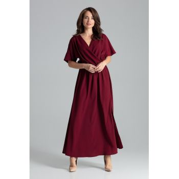 Rochie lunga  L055 - eleganta - cu talie elastica - burgundy - poliester 80%
