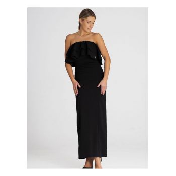 Rochie maxi  eleganta - volane duble - negru - elastan - poliester - viscoza ieftina la reducere