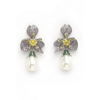 Cercei drop cu design floral si zirconia