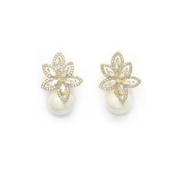 Cercei drop cu design floral si zirconia cubica