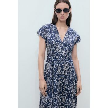 Rochie cu imprimeu floral si decolteu in V - Albastru inchis - Crem -