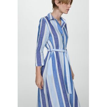 Rochie din amestec de in cu maneci 3/4 si model in dungi