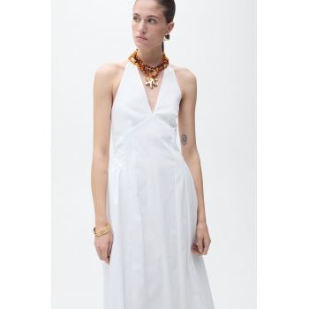 Rochie midi cu decolteu halter si croiala in A - Alb optic -